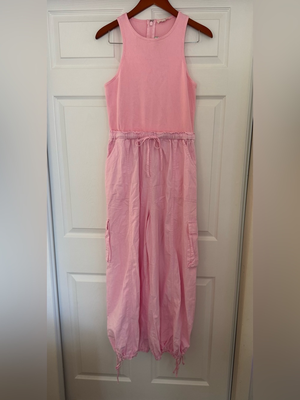 Pink Cargo Jumpsuit Sleeveless Utility Wide Leg Tie Waist Pockets Size L